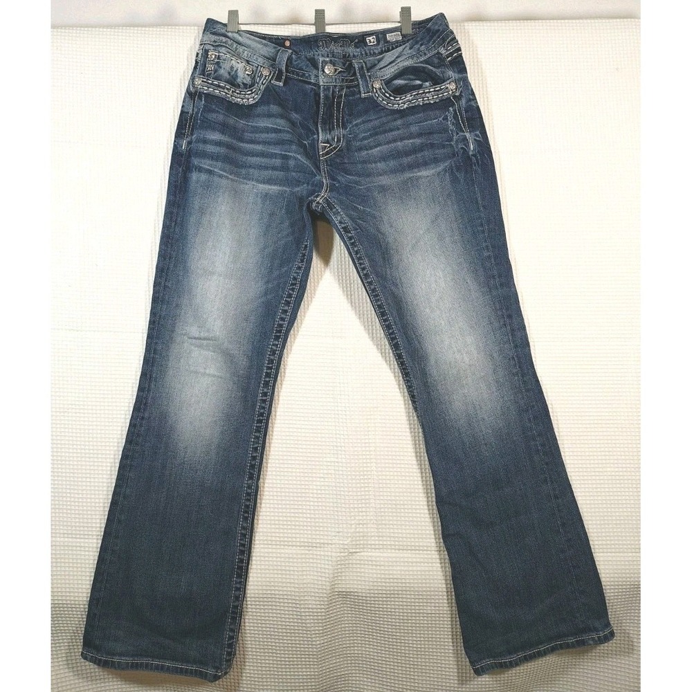 Miss Me Easy Boot Jeans Womens 32 Low Rise Bootcut Rhinestone Flap Pockets...